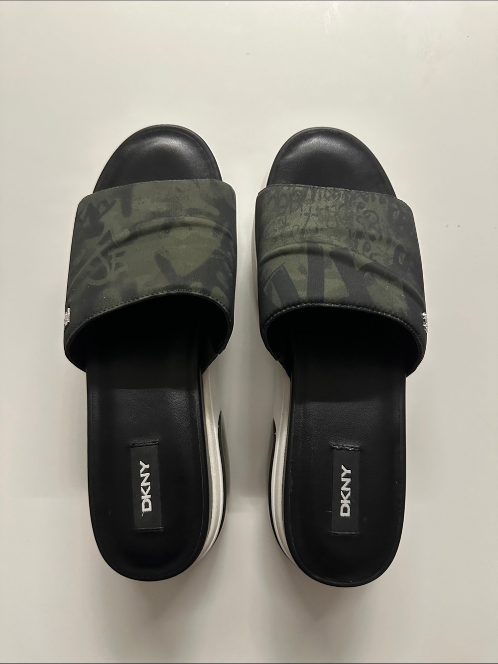 Dkny Black & Olive Camouflage Slide Mules